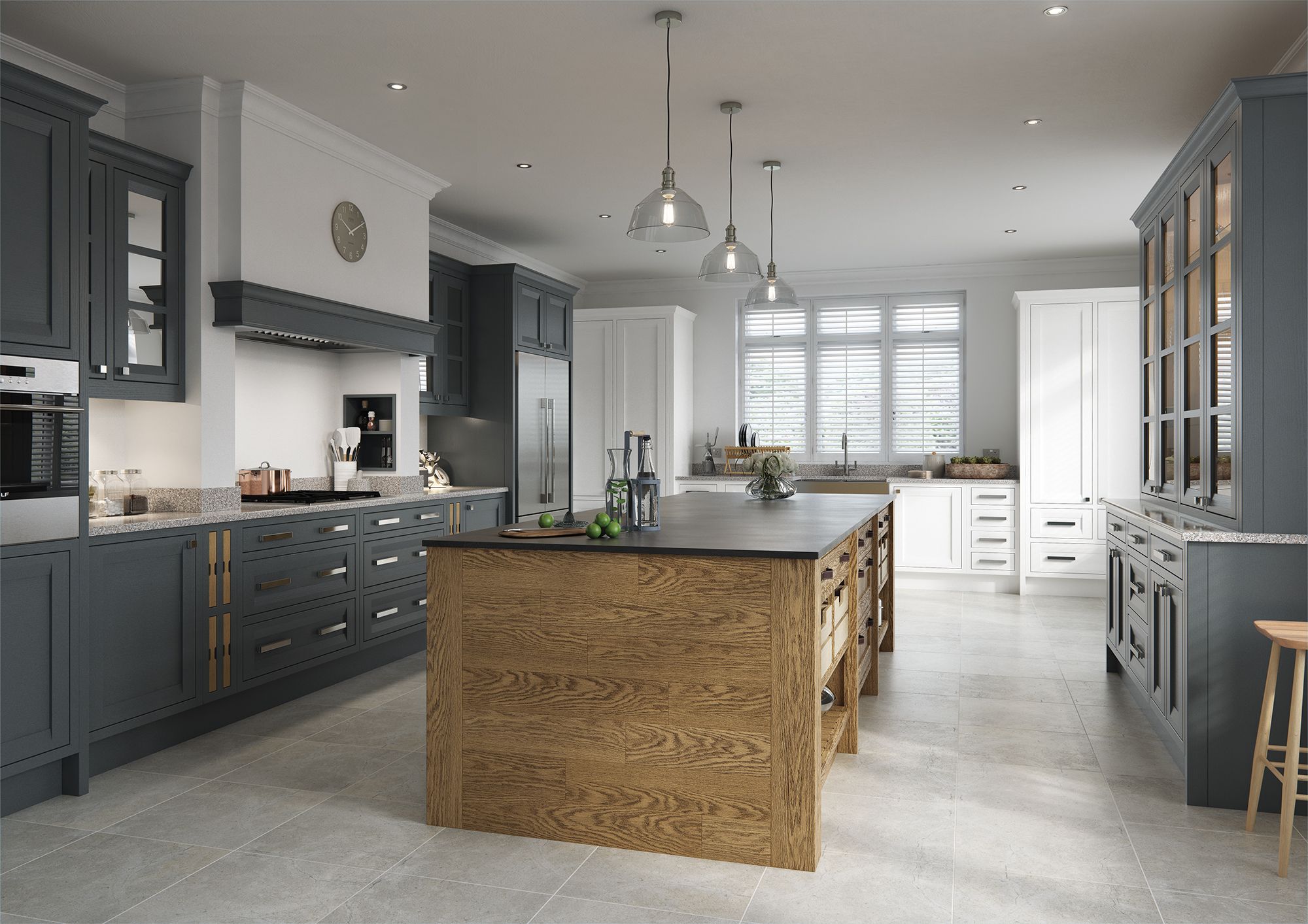Chamfered Shaker style, in-frame kitchen in painted and oak furniture.
